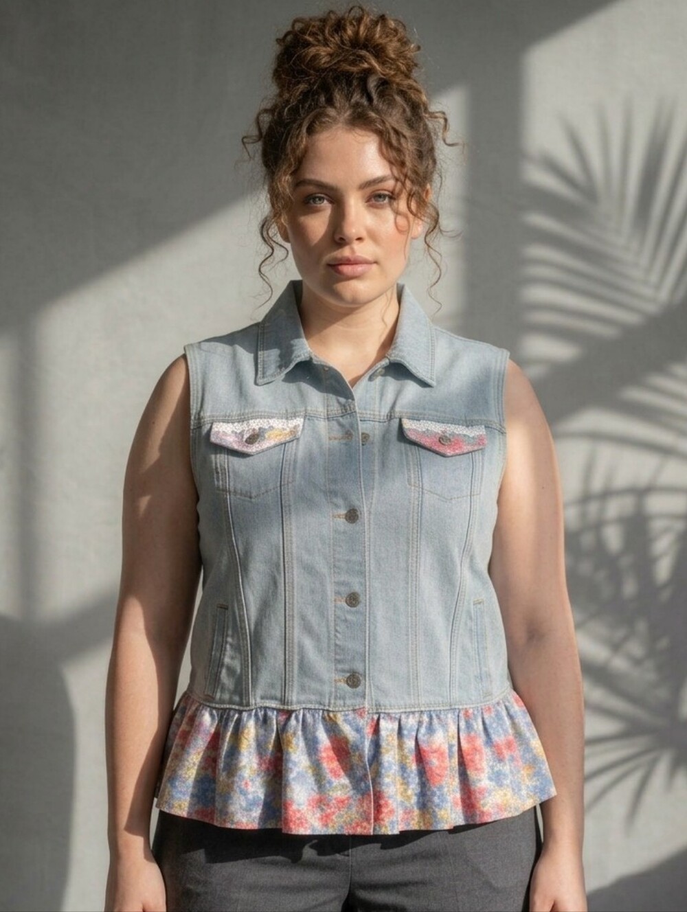 Style & Co Custom Boho Floral Ruffle Denim Vest 1X Cottagecore Patchwork Jean